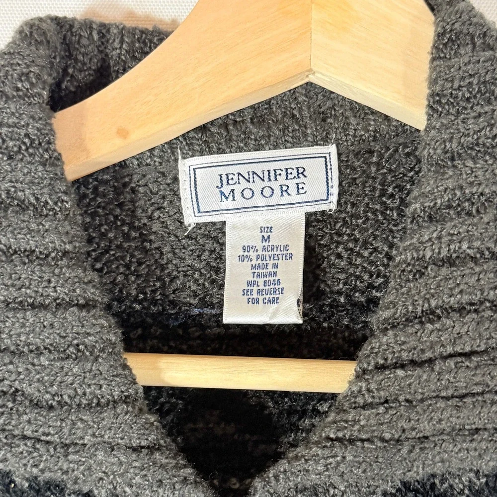 Jennifer Moore Womens‎ Medium Sweater Grey Fair Isle Longline Belted Grandpacore